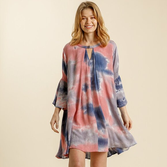 Umgee Tie Dye Bell Sleeve Keyhole Dress with Metallic Threading S M NWT - Picture 1 of 9